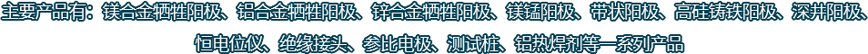 主要產(chǎn)品有：鎂合金犧牲陽(yáng)極、鋁合金犧牲陽(yáng)極、鋅合金犧牲陽(yáng)極、鎂錳陽(yáng)極、帶狀陽(yáng)極、高硅鑄鐵陽(yáng)極、深井陽(yáng)極、恒電位儀、絕緣接頭、參比電極、測(cè)試樁、鋁熱焊劑等一系列產(chǎn)品